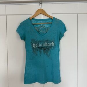 Women Hellanbach Graphic T-Shirt S Blue Angel Wings Burnout V-Neck Biker Tee